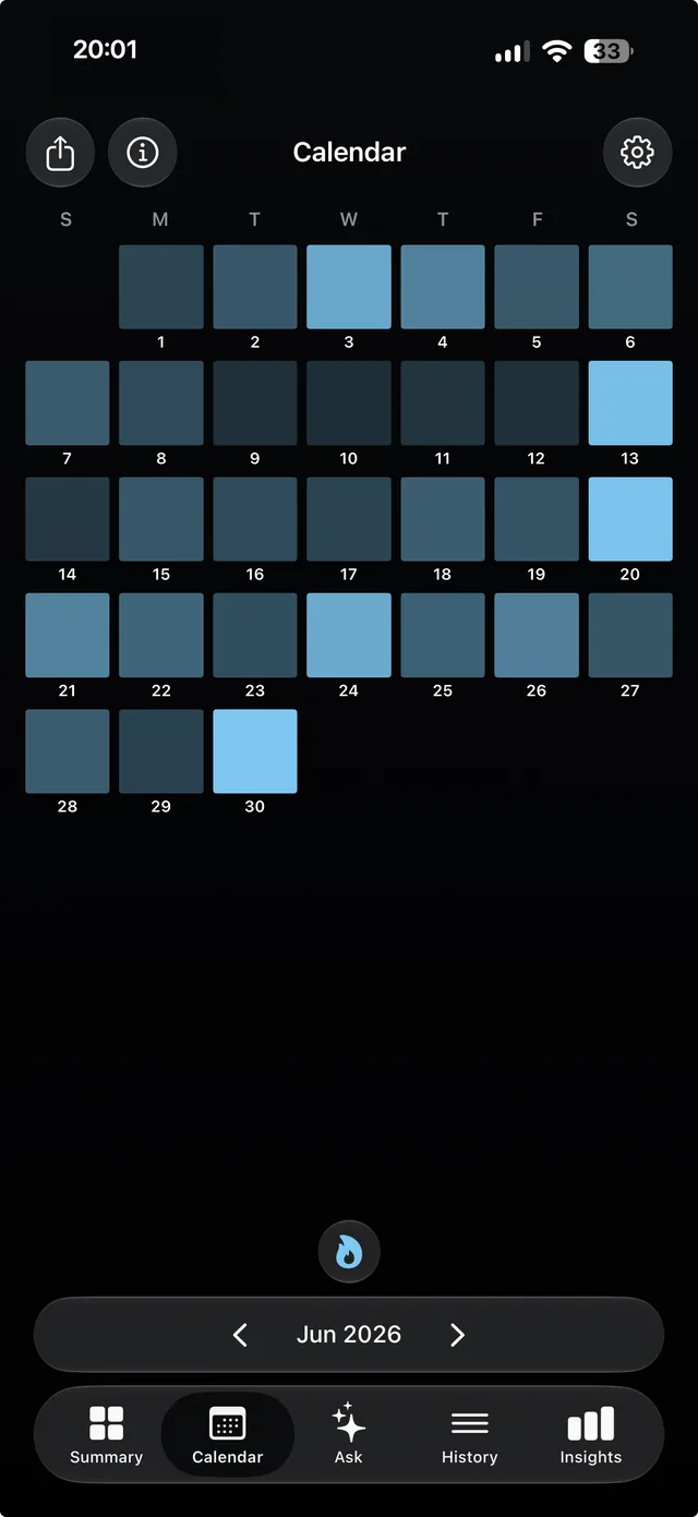 Played Calendar screen showing June 2026 listening activity as a heat map