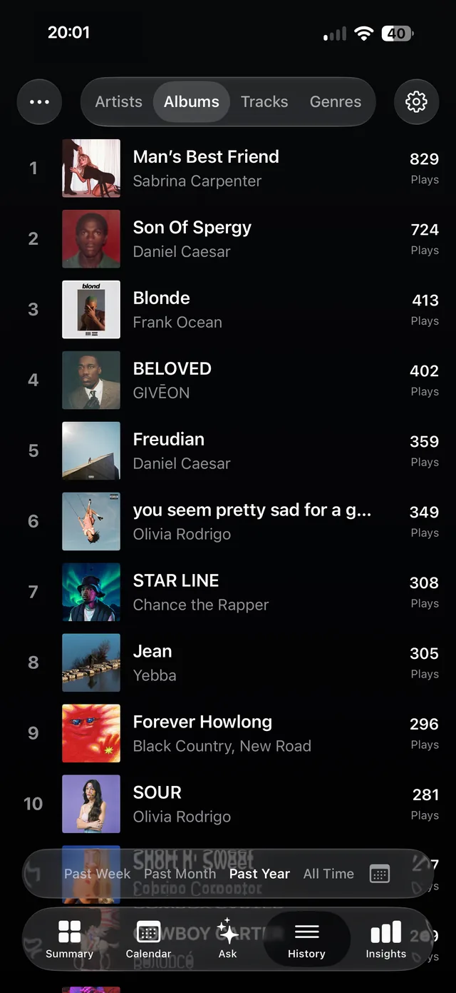 Played History screen showing top albums