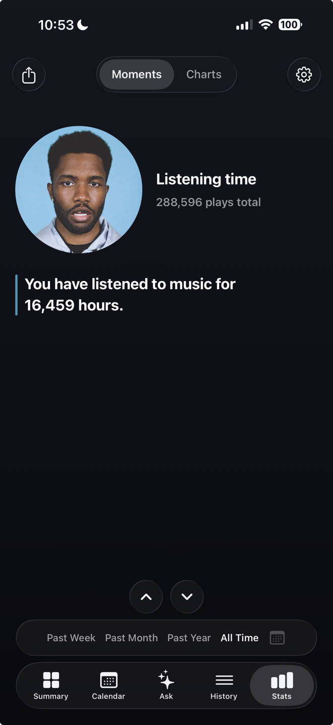 Played Moments screen showing total listening time